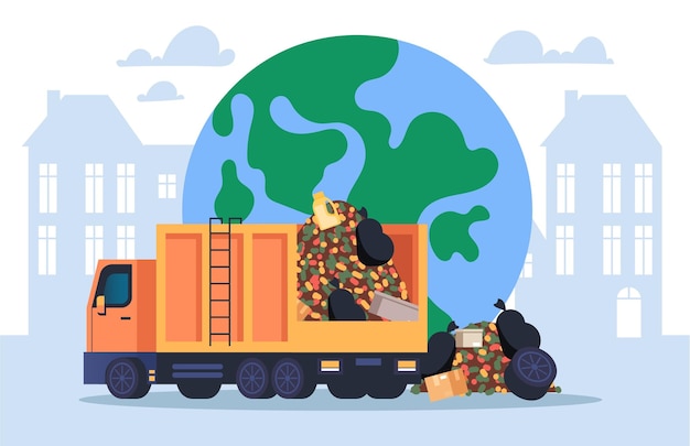 A cartoon of a dump truck with a globe on the top.