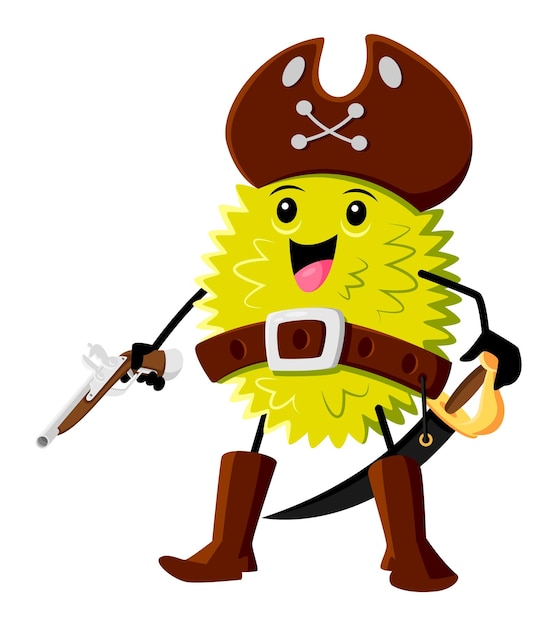 Мультяшный дуриан фруктовый пиратский персонаж, вооруженный пистолетом и мечом, жесткий и пугающий Изолированный векторный тропический джекфрут ровер авантюрный персонаж, готовый защищать свои сокровища или совершать набеги на корабли в поисках добычи