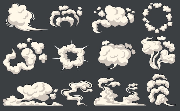 Cartoon dust clouds Comic cloud shape spray air smoke fog road explosion bomb car gas puff magic effect steam wind silhouette spooky fume smog