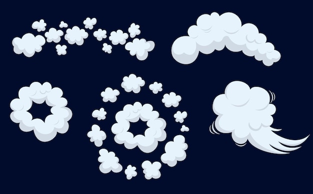 Вектор Мультяшные пылевые облака набор комических облачных форм спрей воздух дым туман дорога взрыв бомба автомобиль газовая затяжка магия
