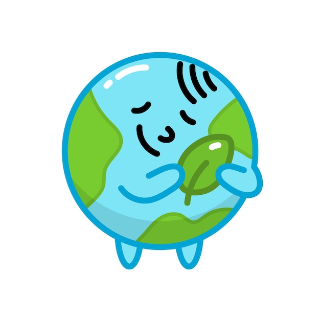 Cartoon earth character holding a green leaf with a smiling face