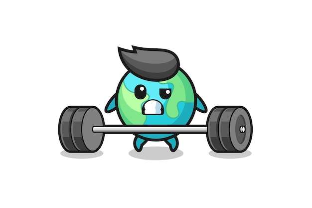 Cartoon of earth lifting a barbell , cute design