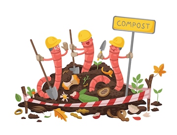 Premium Vector  Cartoon earth worm builder characters in compost or soil  humus vector poster earthworms in builder hats cleaning compostable bio  wastes or organic garbage with spades for farm garden vermicomposting