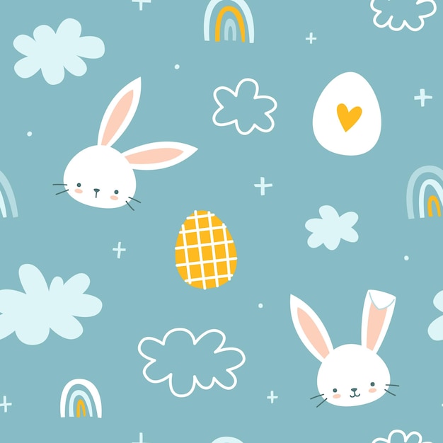 Cartoon easter bunny cloud rainbow and eggs pattern seamless vector print for fabric textile apparel nursery