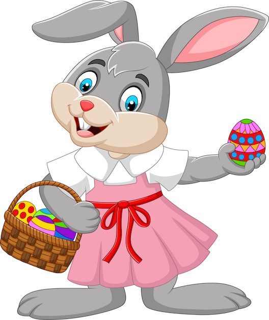 Cartoon Easter bunny girl with a basket of egg