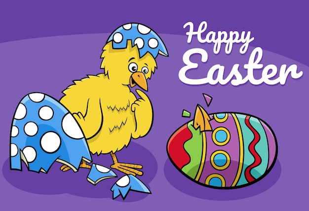 Cartoon easter chick hatched from coloered egg greeting card