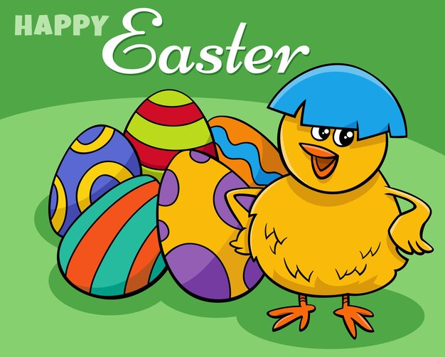 Cartoon Easter Chick with coloered egg greeting card