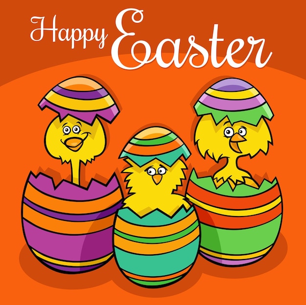 Cartoon Easter chicks hatching from eggs greeting card