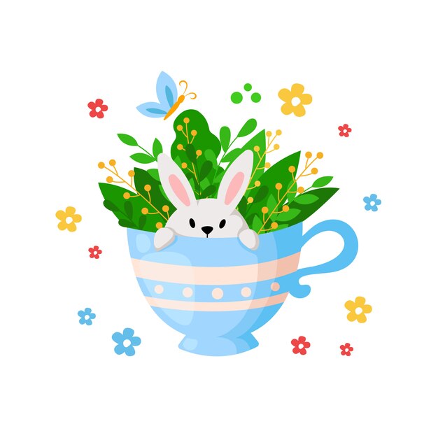 Cartoon easter day - забавный кролик в чайной чашке с листьями и весенними цветами, цветочный букет