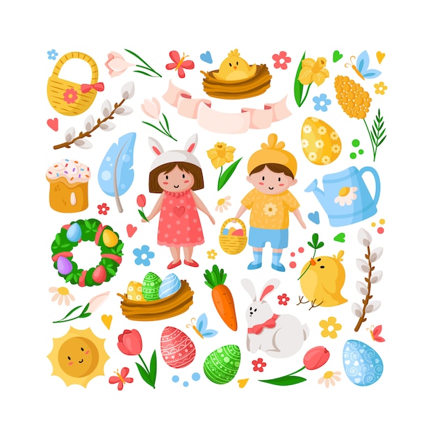 Cartoon il giorno di pasqua, bambini ragazzo ragazza in costumi, uova di pasqua, fiori primaverili, coniglio, chiken, ramo di salice