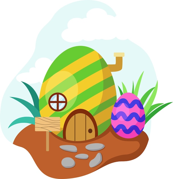 Cartoon easter egg house on dirt with grass