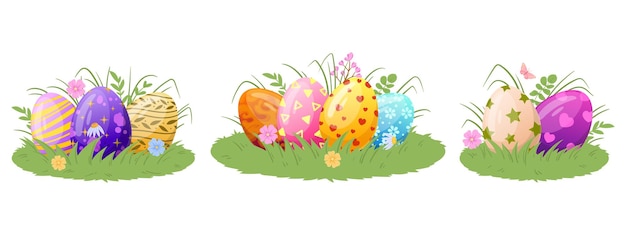 草の芝生の上の漫画のイースターエッグ 白い背景の上の春の休日カラフルな卵フラット ベクトル図の塗装卵