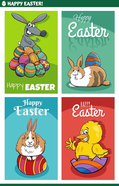 Vector cartoon easter greeting cards designs set with bunnies and chick