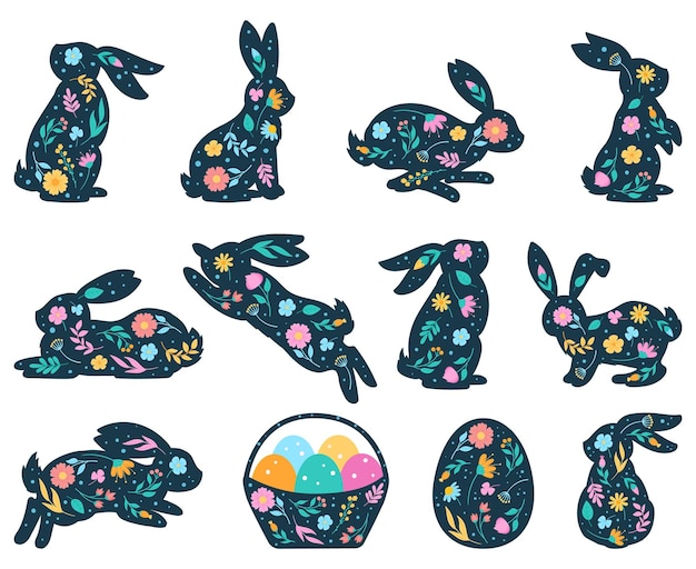 Vector cartoon easter rabbit silhouette cute spring bunny and eggs elements flowered easter bunnies silhouettes vector illustration set cute bunnies decorated with flowers basket with colorful eggs