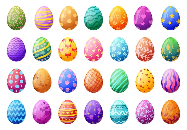 Cartone animato pasqua uova a sorpresa vacanze primaverili caccia all'uovo uovo di cioccolato tradizionale uova dipinte piatto vettore illustrazione set pasqua raccolta di uova colorate