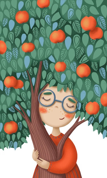 Cartoon eco art with a cute girl hugging an apple tree