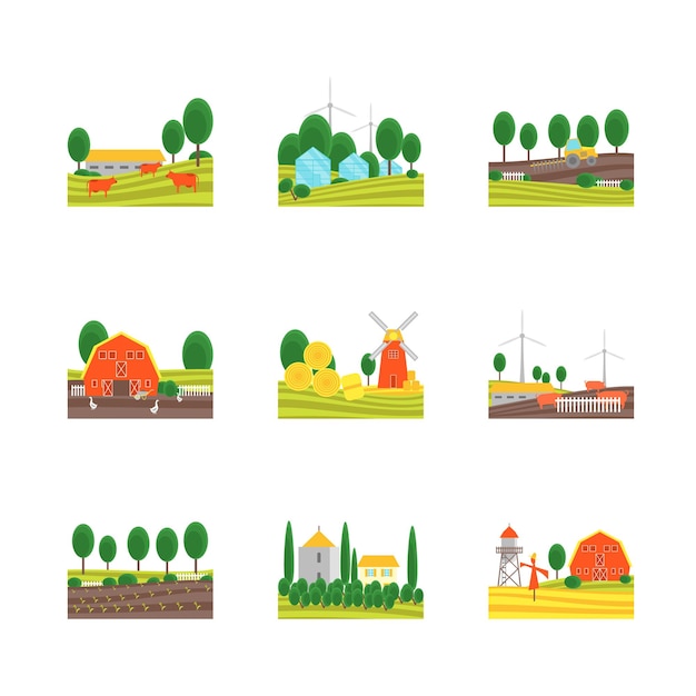 Cartoon Eco Farm Color Icons Set Vector