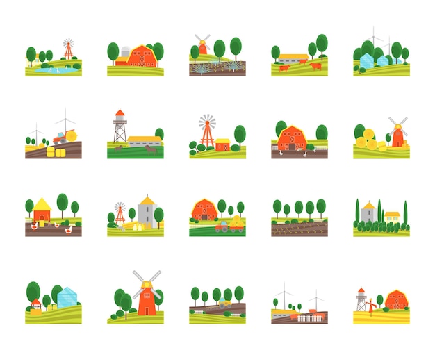 Мультфильм "Эко-ферма" Пейзаж Цветные иконки с ветряным генератором и сельским оборудованием Концепция плоского дизайна Векторная иллюстрация сельского хозяйства