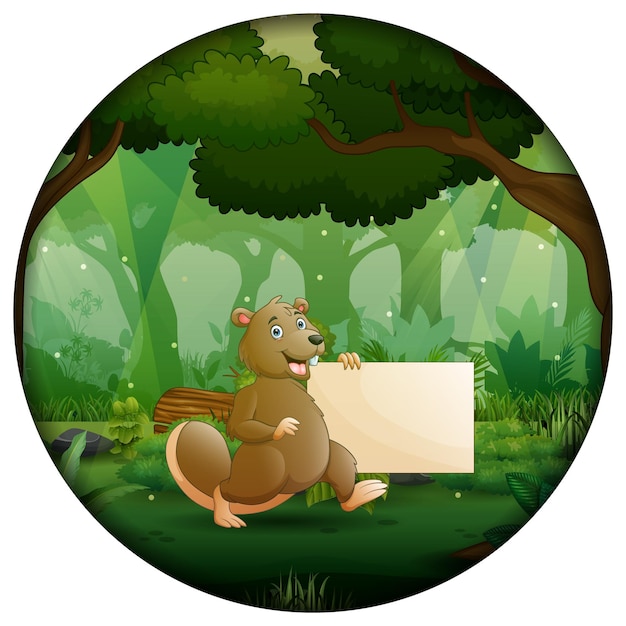 Cartoon een bever met leeg bord in het bos in cirkelvormig frame