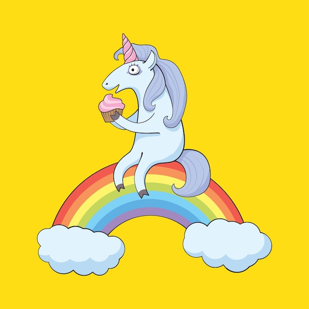 Vector cartoon eenhoorn zit op regenboog en eet cupcake