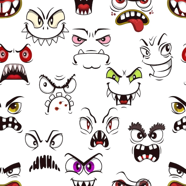 Cartoon eerie angry monster faces seamless pattern