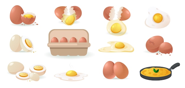 Cartoon eggs set Broken egg raw yolk eggshell protein fresh farm cooking natural ingredients in container healthy organic food concept Vector isolated set