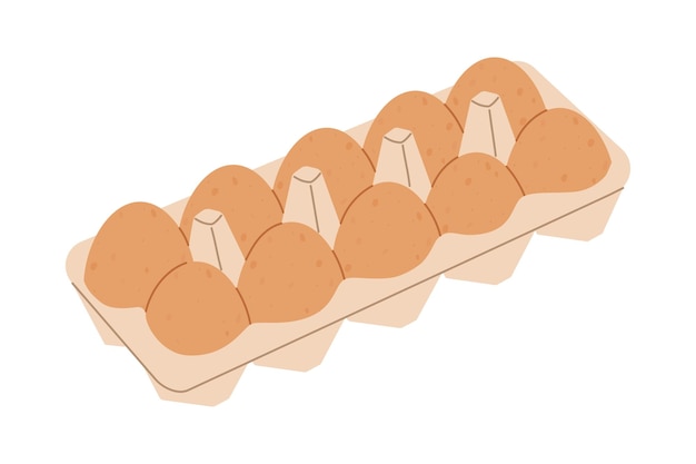 Яйца из мультфильмов в подносе Куриные яйца в картонной коробке Плоская векторная иллюстрация, изолированная на белом