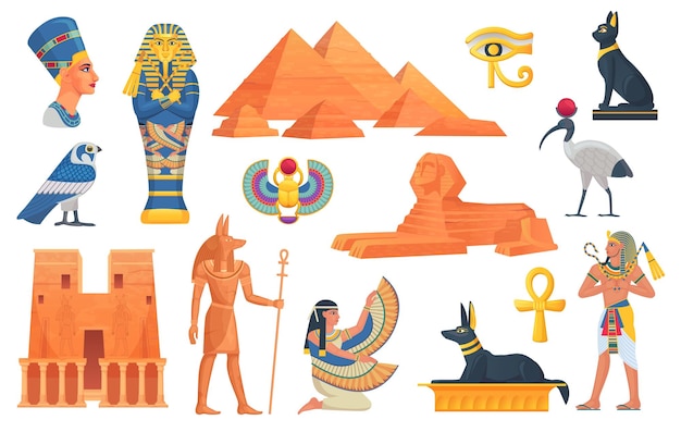 漫画のエジプトの要素古代エジプトの像と神話オブジェクト鳥スカラベ ジャッカル歴史神スフィンクス ファラオ古代像文明のゲーム ベクトル イラストの建築建築