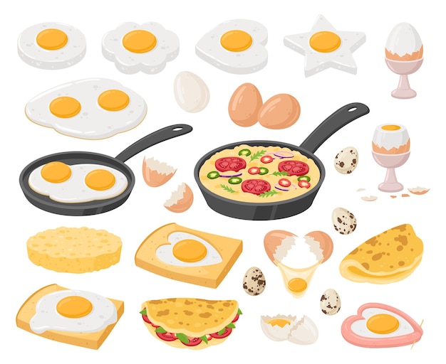 Cartoon eieren gerechten gekookte eieren Gebakken gekookt gevuld ei roerei omelet en frittata gezond heerlijk ontbijt platte vector illustratie set Smakelijke gekookte eiergerechten