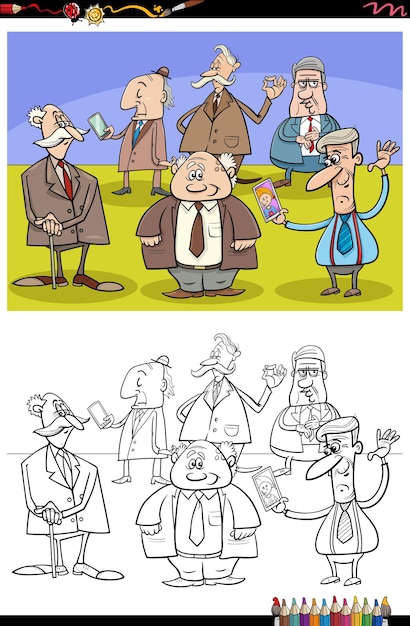 Cartoon elder men or seniors group coloring page