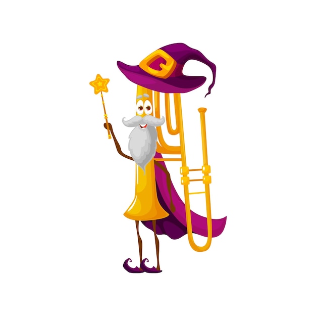 Cartoon elderly trombone magician character wiz