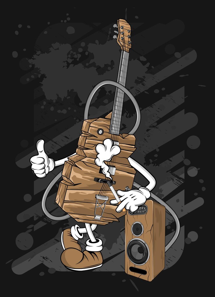 漫画の電気木製ギターTシャツのデザインイラスト