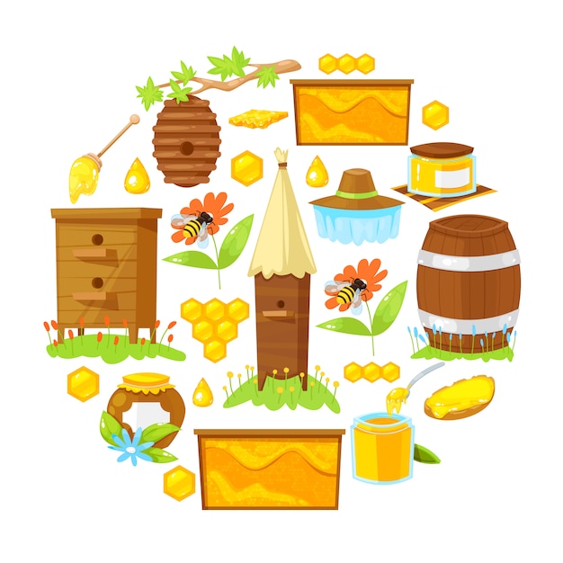 Vector cartoon elements of beekeeping