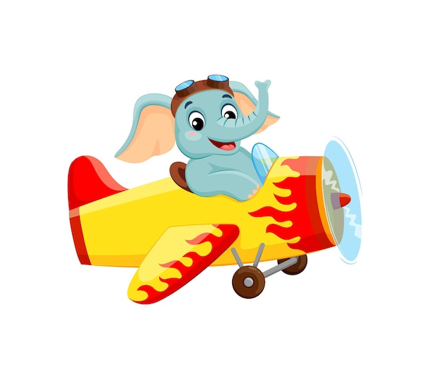 Vector cartoon elephant animal pilot character on plane