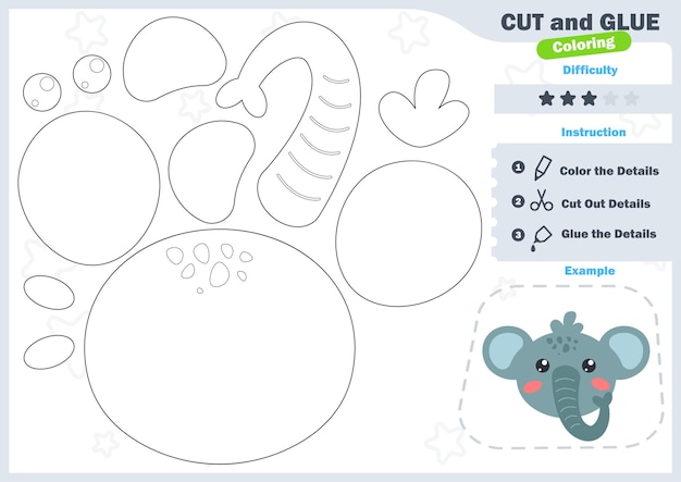 Elefante del fumetto. gioco di carta educativo per bambini in età prescolare. tagliare parti dell'immagine e incollare sulla carta. illustrazione vettoriale. taglia e incolla il gioco.