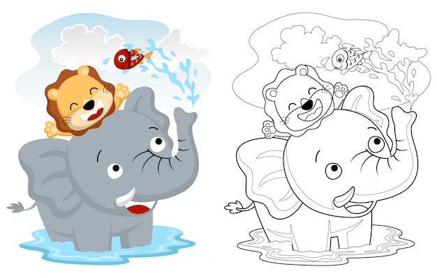 Cartoon of elephant and lion playing water with little fish