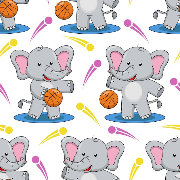 Vector cartoon elephant playing basketball seamless pattern design