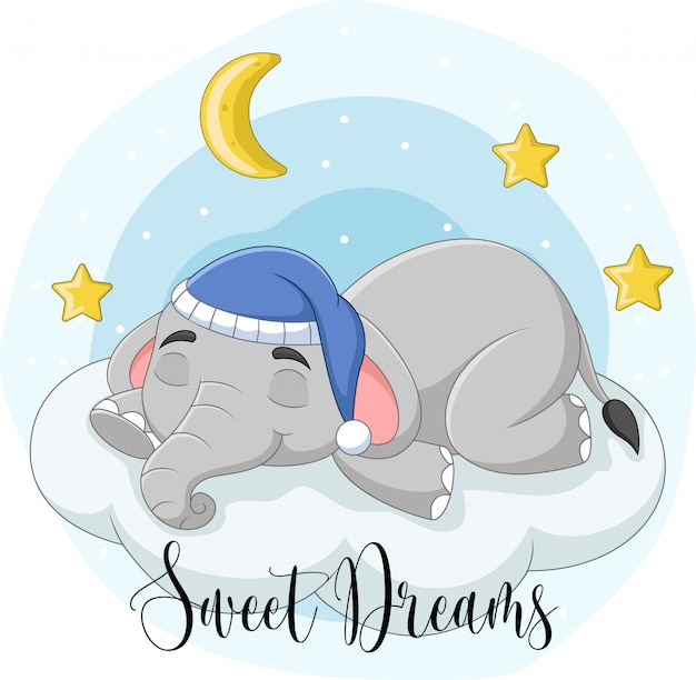 Vector cartoon elephant sleeping on the clouds