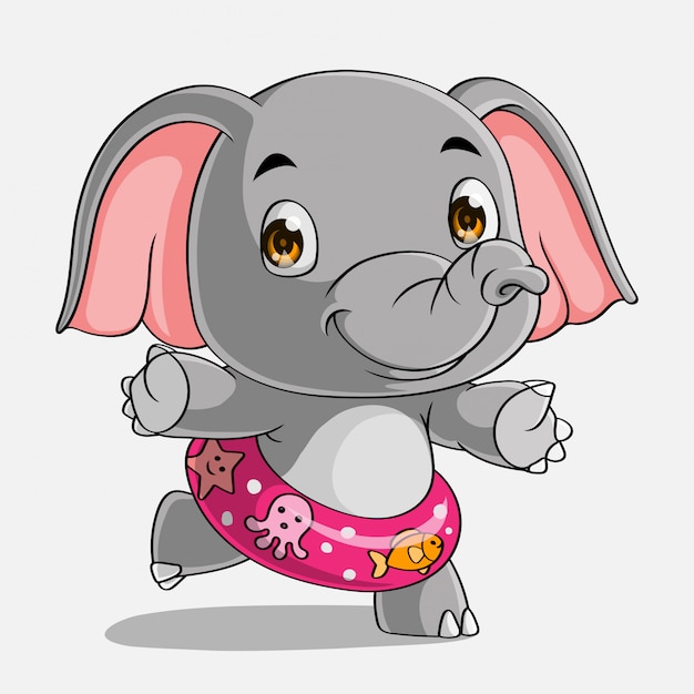 Cartoon elephant with inflatable ring, hand drawn