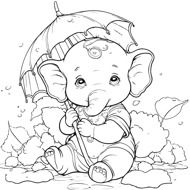 A cartoon elephant with an umbrella that says elephant on it