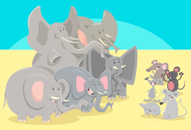 Vector cartoon elephants and mice animal characters