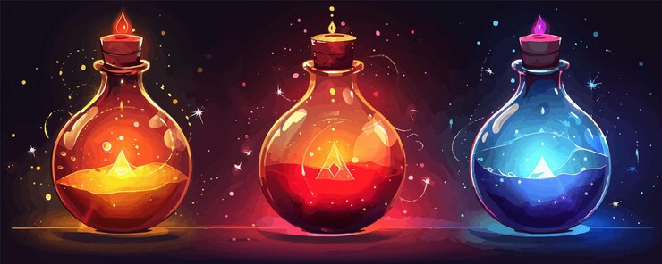 Vector cartoon elixir for strength mana and stamina vector simple illustration