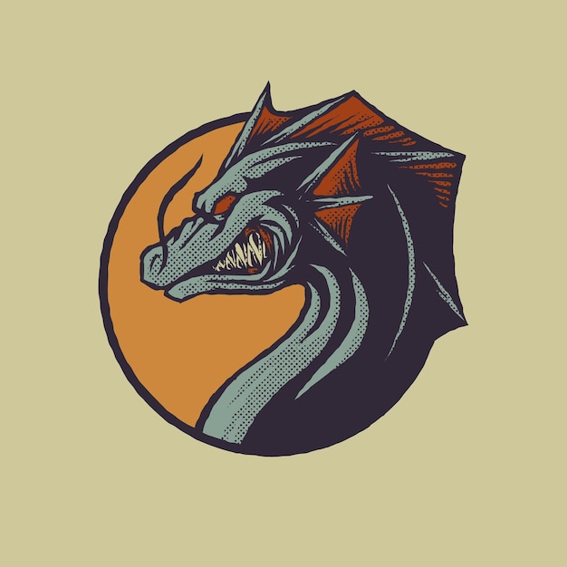 Cartoon embleem van blauwe drakenkop met retro stijl
