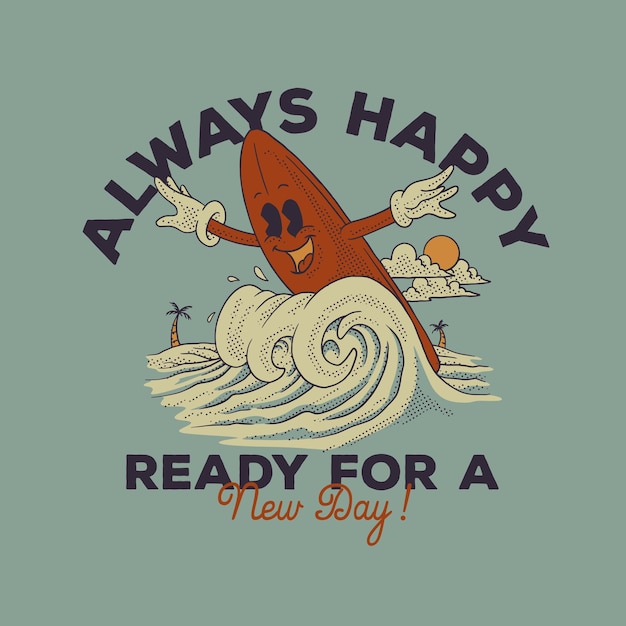 Vector cartoon embleem van happy surfplank mascotte met retro stijl