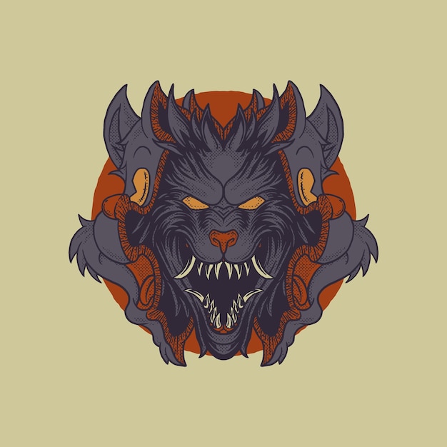 Vector cartoon emblem of changing face wolf mascot with retro style