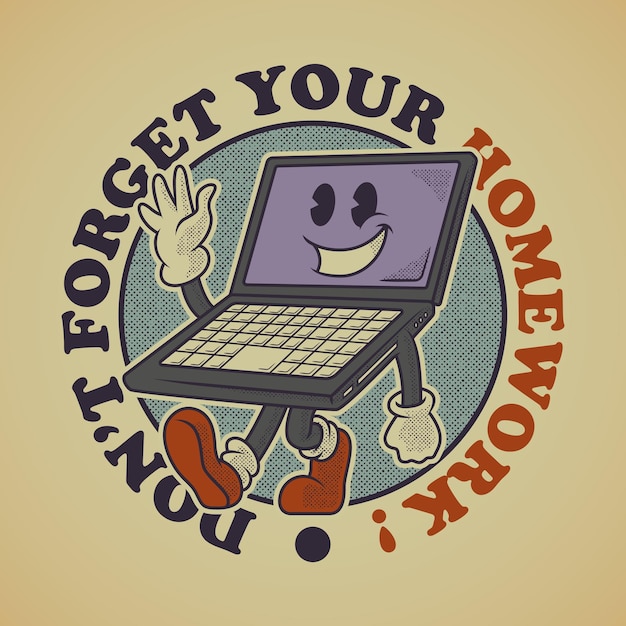 Vector cartoon emblem of happy laptop with retro style