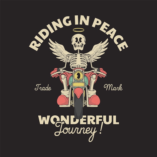 Vector cartoon emblem of skull angel riding motorcycle with retro style