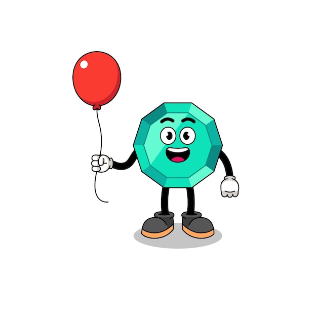 Cartoon of emerald gemstone holding a balloon