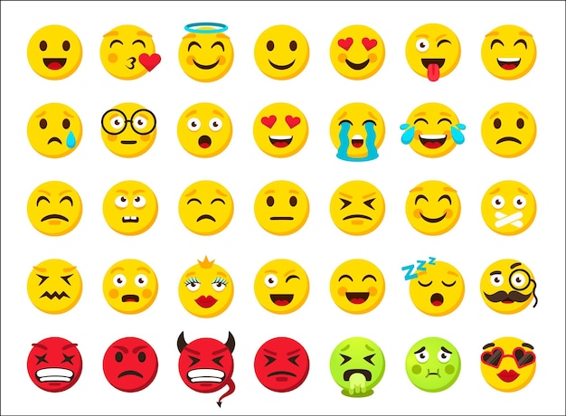 Emoji cartone animato simboli emoticon sorriso icone chat digitale adesivo messenger online giallo e rosso malvagio rotondo smiley divertente e triste emozione facciale raccolta clipart modello web vettoriale insieme isolato