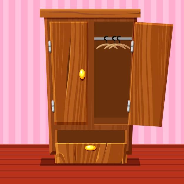 Cartoon empty open wardrobe, living room wooden furniture